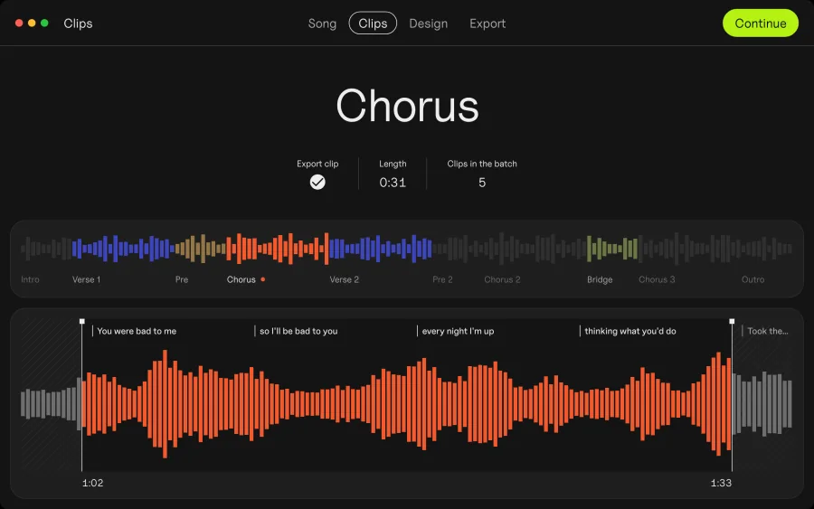 The Clips app, with the chorus picked out on the song map