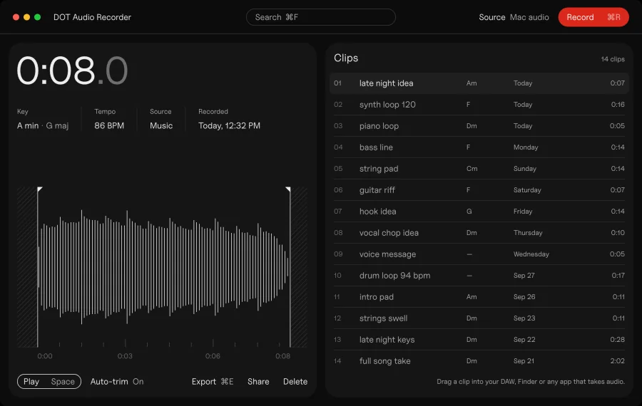 The DOT Audio Recorder app in dark mode, with a list of recorded clips